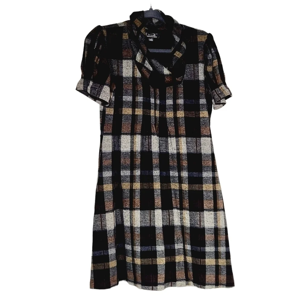 LA Nouvelle Renaissancela Brown Plaid Print Cowl Neck Sweater Dress Size: M
